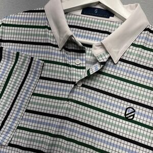 Extracurricular Mens Performance Golf Polo Shirt L Striped Grid Green Blue White